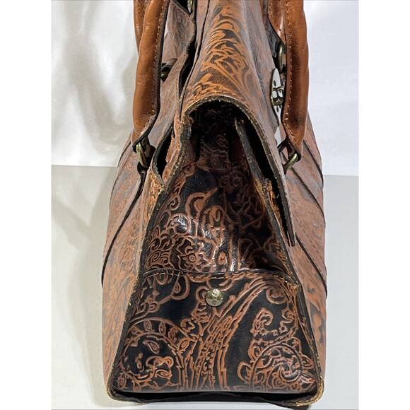 Patricia Nash Tooled Embossed Leather Vienna Satchel Handbag Brown Tote Bag - Picture 5 of 16